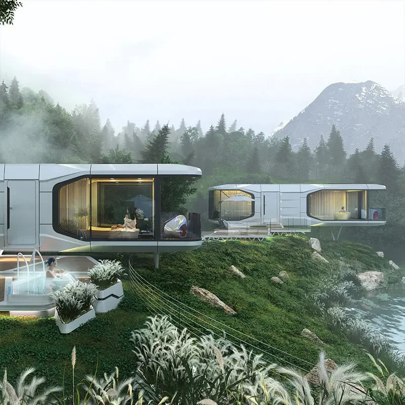 Diseño de casa prefabricada para construcción de pequeñas casas, complejo turístico, casa prefabricada, hotel cabaña amueblado, villa cabaña cápsula